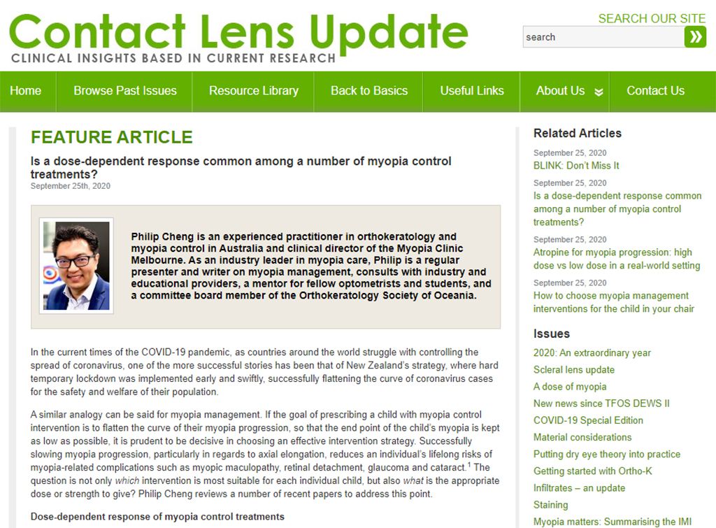 Our optometrist Dr Philip Cheng writes for Contact Lens Update, CORE, University of Waterloo, Canada