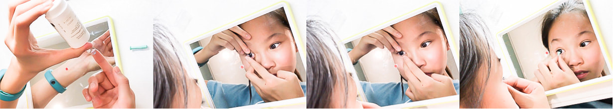 A child learns the correct method of handling and using her OK hard lenses, guided by our experienced children's Ortho K practitioner in Melbourne.