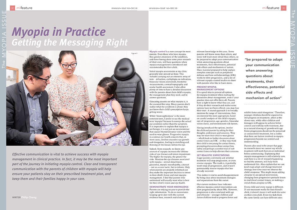 Myopia Clinic Melbourne features in the special Myopia Issue of mivision magazine, December 2020. Myopia in Practice: Getting the Messaging Right.